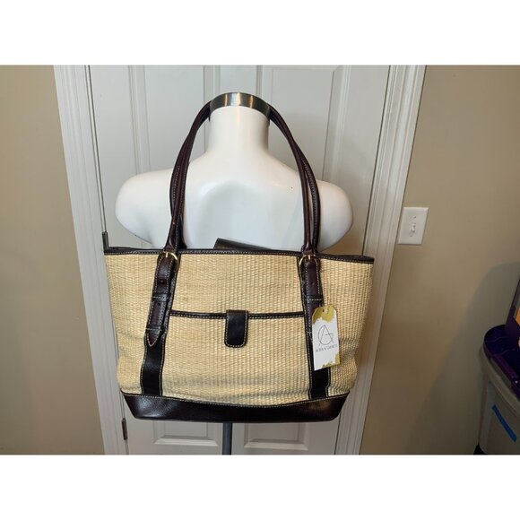 Maxx New York Tan Woven Wicker Brown Leather Bag Satchel Purse - Picture 1 of 9